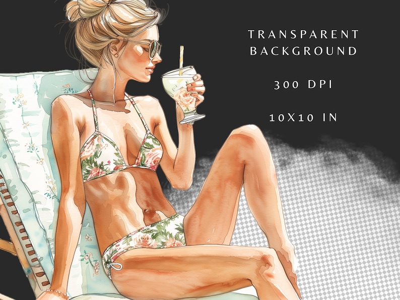 May include: A watercolor illustration of a woman wearing a floral bikini, sitting on a beach chair and holding a glass of lemonade with a straw. The background is a transparent checkered pattern.