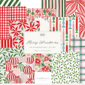 Könnte beinhalten: Eine Sammlung von 100 digitalen Hintergründen mit weihnachtlichen Mustern wie rot-grünen Streifen, Karos, Weihnachtssternen, Ornamenten und Kerzen. Der zentrale Text lautet 100 Merry Christmas JPG BACKGROUNDS 300 DPI 4067 x 5133 pixels.