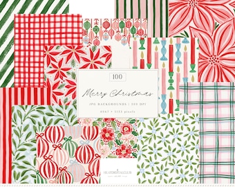 100 Christmas Backgrounds Bundle, Whimsical Preppy Digital Paper, Watercolor Holiday Patterns Background Graphics, Digital Download