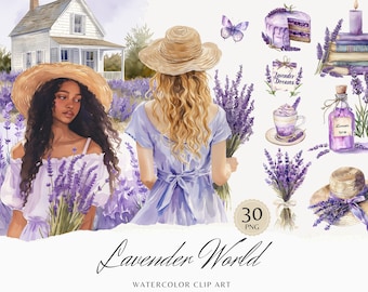 Watercolor Lavender World  Clipart, Lavender Clip Art, Lavender Girl png, Lavender scene Illustration, Lavender Garden, digital stickers