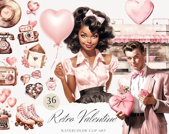 May include: A watercolor illustration set featuring a retro Valentine's Day theme. The set includes a couple, a heart-shaped balloon, a vintage radio, a typewriter, roller skates, a telephone, a camera, a box of chocolates, a perfume bottle, a love letter, and a heart-shaped gift box. The illustration is in a pink and white color scheme.