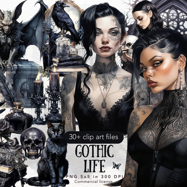 Watercolor Gothic Clipart Bundle, Tattoo Girl Gothic, Goth Dark Academia PNG, Digital Download, Fantasy Card Making Scrapbook Junk Journal