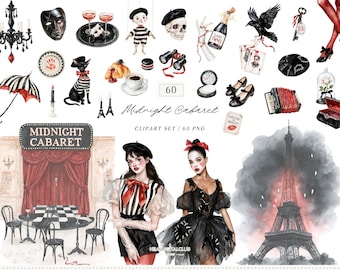 Watercolor Halloween Clipart Bundle, Midnight Cabaret Paris Gothic Mime PNG Collection (Digital Download)