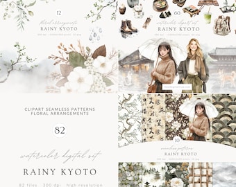 Watercolor Rainy Kyoto Clipart Set, Japanese PNG Graphics (Digital Download)
