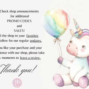 K&ouml;nnte beinhalten: Eine Aquarell-Illustration eines Einhorns, das einen Regenbogenballon h&auml;lt. Das Einhorn sitzt mit gekreuzten Beinen. Der Text "Check shop announcements for additional PROMO CODES and SALES! Add the shop to your favorites and follow for our regular updates. If you like your purchase and your experience with our shop, please take a few moments to leave a review. Thank you!" steht unter dem Einhorn.