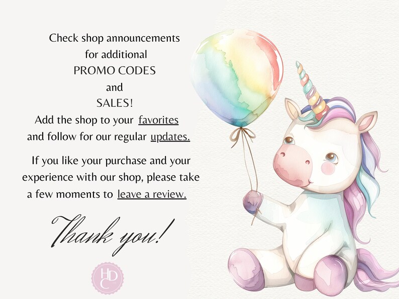 K&ouml;nnte beinhalten: Eine Aquarell-Illustration eines Einhorns, das einen Regenbogenballon h&auml;lt. Das Einhorn sitzt mit gekreuzten Beinen. Der Text "Check shop announcements for additional PROMO CODES and SALES! Add the shop to your favorites and follow for our regular updates. If you like your purchase and your experience with our shop, please take a few moments to leave a review. Thank you!" steht unter dem Einhorn.