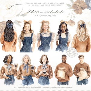 May include: A watercolour illustration featuring several figures, both male and female, in diverse attire. Some are in denim overalls, others hold coffee cups or sacks. The image includes text: "FLORAL ARRANGEMENTS ARE AVAILABLE IN THE SHOP AND SOLD SEPARATELY. What is included: 60 separate png files."
