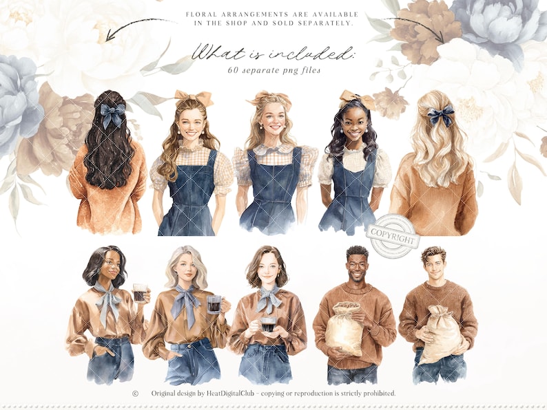 May include: A watercolour illustration featuring several figures, both male and female, in diverse attire. Some are in denim overalls, others hold coffee cups or sacks. The image includes text: "FLORAL ARRANGEMENTS ARE AVAILABLE IN THE SHOP AND SOLD SEPARATELY. What is included: 60 separate png files."
