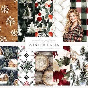 May include: A set of 10 digital seamless patterns featuring winter cabin themes. The patterns include snowflakes, pine trees, wood, plaid, and a woman in a plaid shirt. The text "seamless patterns WINTER CABIN 10 jpg 300 dpi 3600x3600 pixels" is included in the image.