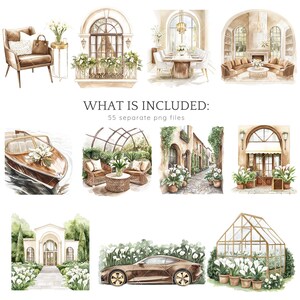 May include: A set of watercolor illustrations featuring various scenes of a luxurious home, including a living room with a fireplace, a dining room with a large table, a kitchen with a breakfast bar, a bedroom with a four-poster bed, and a bathroom with a clawfoot tub. The illustrations are all in a soft, muted color palette and feature delicate details like flowers, plants, and candles.