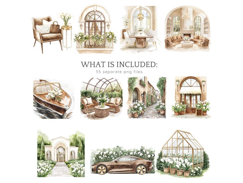 May include: A set of watercolor illustrations featuring various scenes of a luxurious home, including a living room with a fireplace, a dining room with a large table, a kitchen with a breakfast bar, a bedroom with a four-poster bed, and a bathroom with a clawfoot tub. The illustrations are all in a soft, muted color palette and feature delicate details like flowers, plants, and candles.