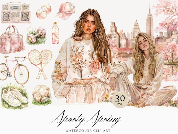 Watercolor Sporty Spring Clipart, Sport Clip Art, Spring PNG Bundle, Self Care, Fitness, Commercial Use, Digital stickers