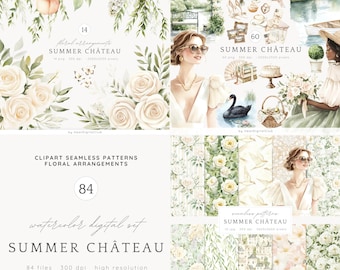 Watercolor Summer Château Clipart, Elegant French Country Clip Art, Summer Clipart Set, Romantic French Garden PNG Clipart, Digital Download