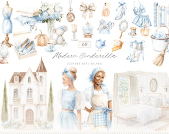 Watercolor Modern Cinderella Clipart, Cottagecore Clip Art, Fantasy PNG, Cinderella clip art, Fairytale PNG, Digital Download Commercial use