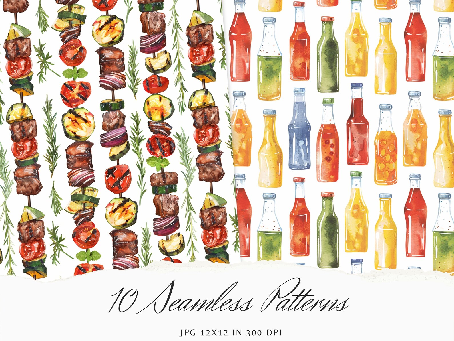 Watercolor Grill Party Seamless Patterns, BBQ Summer Pattern JPEG ...