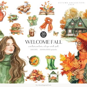Pacote de clipart de outono de boas-vindas em aquarela, clipart de outono PNG, imagens aconchegantes de outono, cottagecore, tempero de abóbora, download digital, uso comercial