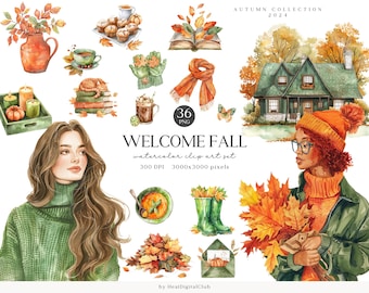 Paquete de imágenes prediseñadas de otoño en acuarela, diseños acogedores de otoño (descarga digital)