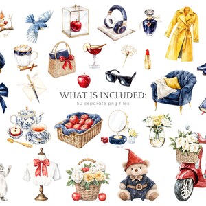 May include: A collection of watercolour illustrations featuring a variety of objects, including a bluebird, a squirrel, a teapot, a book, a basket of apples, a mirror, a scooter, a teddy bear, a flower arrangement, a pair of sunglasses, a blue armchair, a bottle of perfume, a pair of boots, a headband, a glass of wine, a bowl of whipped cream, a blue bow, a glass dome with a star inside, a red apple, a white shirt with a red bow, a letter, a pen, a book with a red ribbon, and a glass case with a red apple inside. The text "WHAT IS INCLUDED: 50 separate png files" is also included in the image.