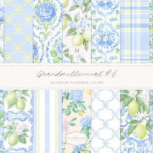 Peut inclure: Plusieurs motifs sans couture à l'aquarelle dans des tons de bleu, blanc et jaune. Les motifs comprennent des motifs floraux, des citrons et du tartan. Le texte "Grandmillennial #6" et "SEAMLESS PATTERNS / 14 JPG" est affiché.