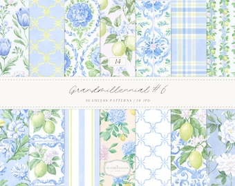 Watercolor Grandmillennial Set 6 Seamless Patterns, Italian Lemon Floral JPEG, Blue Yellow Tile, Stripes, Plaid Digital Repeating Pattern