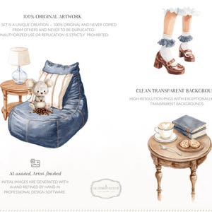 May include: A watercolour illustration depicting a relaxed setting. It includes a blue beanbag chair, a small wooden side table with a lamp, and a stuffed mouse. A second table holds coffee, books, and biscuits. The image also shows legs wearing brown shoes.
