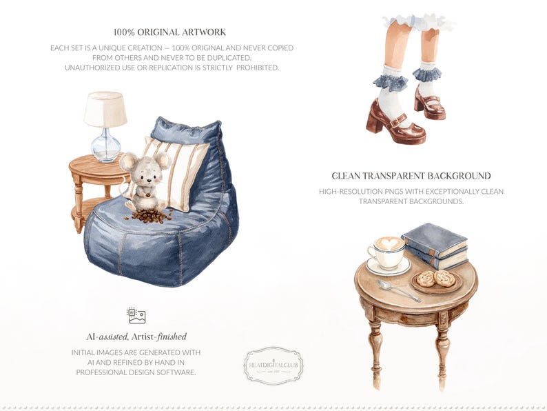 May include: A watercolour illustration depicting a relaxed setting. It includes a blue beanbag chair, a small wooden side table with a lamp, and a stuffed mouse. A second table holds coffee, books, and biscuits. The image also shows legs wearing brown shoes.