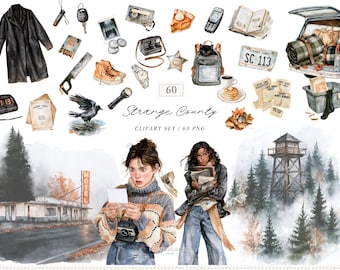 Watercolor Mystery Fall Clipart Bundle, Strange County Moody Autumn PNG Collection (Digital Download)