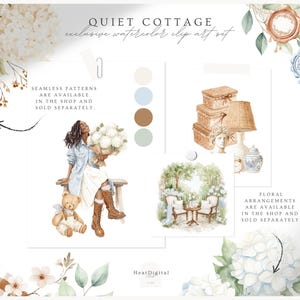 May include: Watercolor clip art set titled "Quiet Cottage" featuring illustrations of a woman with flowers, a teddy bear, stacked boxes, a lamp, and a garden scene. The set includes seamless patterns and floral arrangements, sold separately.