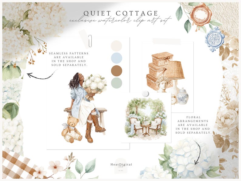 May include: Watercolor clip art set titled "Quiet Cottage" featuring illustrations of a woman with flowers, a teddy bear, stacked boxes, a lamp, and a garden scene. The set includes seamless patterns and floral arrangements, sold separately.
