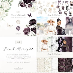 Watercolor Day & Midnight Clipart Set, Romantic Dark Gothic Clipart, Feminine PNG, Cottagecore Clipart, Digital Download