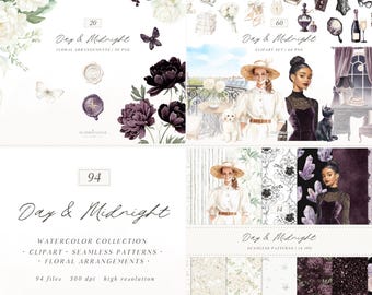 Watercolor Day & Midnight Clipart Set, Romantic Dark Gothic Clipart, Feminine PNG, Cottagecore Clipart, Digital Download