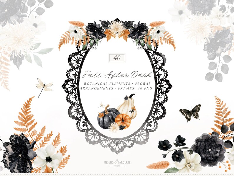 May include: A digital graphic set titled Fall After Dark featuring 40 botanical elements, floral arrangements, and frames. The design includes a black lace oval frame, pumpkins, black and white flowers, ferns, a dragonfly, and a butterfly.