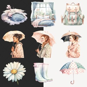 Akvarell regnig vår Clipart, mysig vår Clip Art, blommig grafik, söt vår, blommor, säsongsbetonad, akvarell flicka, digitala klistermärken bild 3