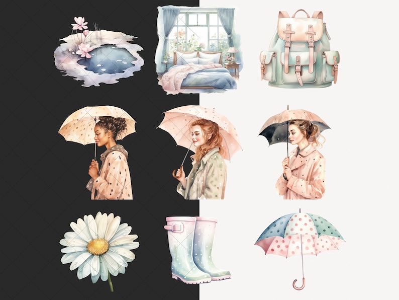 Akvarell regnig vår Clipart, mysig vår Clip Art, blommig grafik, söt vår, blommor, säsongsbetonad, akvarell flicka, digitala klistermärken bild 3