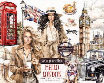 Puede incluir: Un conjunto de ilustraciones digitales de 36 archivos de clipart con temática de Londres. El conjunto incluye una cabina telefónica roja, una bandera de la Union Jack, una mujer con una gabardina, un taxi negro, un bulldog con una pajarita de la Union Jack y la torre del reloj Big Ben.