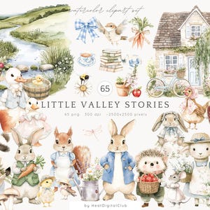 Aquarelle Little Valley Stories Clipart, clipart lapin vintage PNG, lapins mignons, printemps animaux Clip Art, Clipart jardin, téléchargement numérique