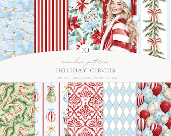 Aquarel vakantiecircus naadloze patronen, kerstcircus digitaal papier, rood en wit strepenpatroon, circus kerst digitale download