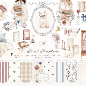 May include: Watercolor illustrations of books, a cat in glasses, and decorative elements. The image includes a cozy armchair, a side table with a lamp, and a bookshelf. The text reads "Quiet Chapters" and "Clipart Set & Seamless Patterns".