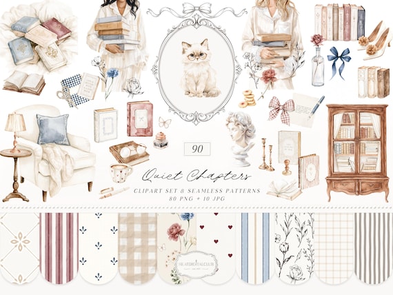 Watercolor Vintage Books Clipart, Cozy Library PNG, French Countryside Patterns (Digital Download)