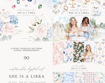May include: A digital art set featuring watercolor floral arrangements, seamless patterns, and clipart. The set includes the text "SHE IS A LIBRA" and various illustrations of flowers, gemstones, and zodiac symbols. The color palette is soft, with pastel pinks, blues, and whites.