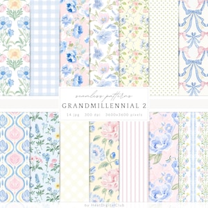 Aquarel Grandmillennial naadloze patronen, set 2, pastel bloemen jpeg, strepen, plaid, glitter, digitaal herhalend patroon, plakboekpapier