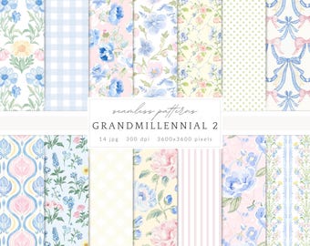 Aquarell Grandmillennial nahtlose Muster, Set 2, Pastell Blumen JPEG, Streifen, Plaid, Glitter, digitales Rapportmuster, Scrapbook Papier