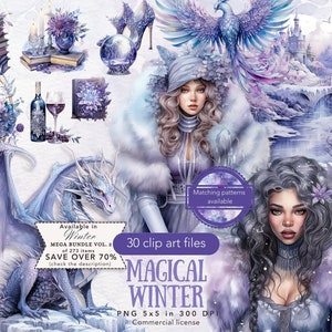 Paquete de imágenes prediseñadas de invierno mágico en acuarela PNG, ilustraciones de cuentos de hadas de invierno mágico, unicornio, dragón, gráficos de fantasía, descarga digital de pegatinas