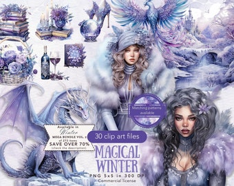 Watercolor Magical Winter Clipart Bundle PNG, Magic Winter Fairytale Illustrations Unicorn Dragon Fantasy Graphics Digital Download Stickers