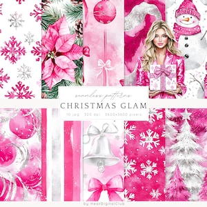 May include: A set of 10 digital seamless patterns featuring a pink and silver Christmas theme. The patterns include snowflakes, poinsettias, baubles, bells, and a stylised Christmas tree.