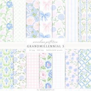 Watercolor Grandmillennial Seamless Patterns, Pastel Floral JPEG, Stripes, Plaid, Glitter, Digital Repeating pattern, Scrapbook Paper