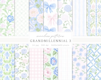 Watercolor Grandmillennial Seamless Patterns, Pastel Floral JPEG, Stripes, Plaid, Glitter, Digital Repeating pattern, Scrapbook Paper