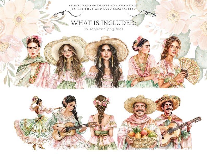 May include: A set of 55 digital illustrations featuring watercolor paintings of women in various poses and outfits. The women are wearing colorful dresses, hats, and accessories. The illustrations are perfect for creating digital art, scrapbooking, or other creative projects.