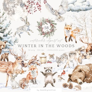 Aquarel winter bos clipart, winter illustraties, winter dieren, bos dieren, schattige winter png, vos, beer, hert, digitale download