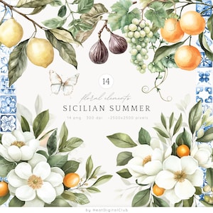 水彩画のシチリアの夏の花のアレンジメントのクリップアート、アマルフィの花の DIY PNG、イタリアの夏のレモンの花、柑橘類、ブドウ、デジタル ダウンロード
